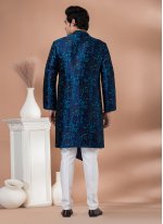 Jacquard Silk Embroidered Indo Western in Navy Blue