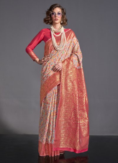 Jazzy Pink and Red Ceremonial Contemporary Style Saree