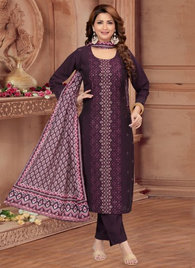 Jazzy Silk Embroidered Wine Pant Style Suit