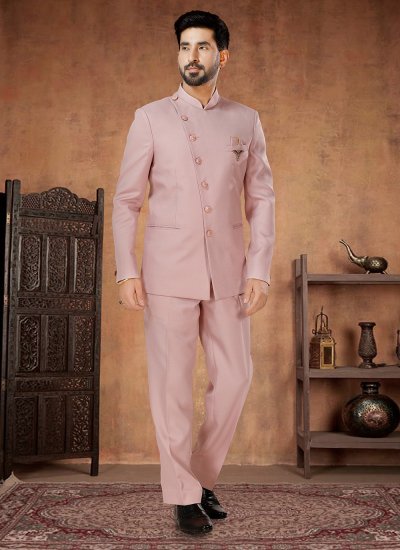 Jodhpuri Suit Buttons Rayon in Pink