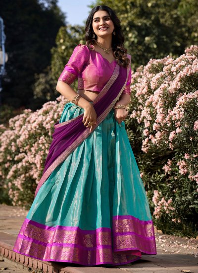 Kanchipuram Silk Blue and Pink Lehenga Choli