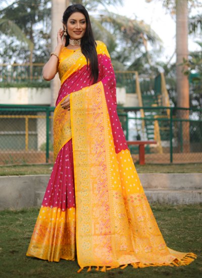 Kanjivaram Silk Rani and Yellow Bandhani Saree