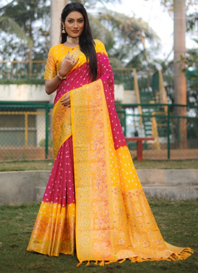Kanjivaram Silk Rani and Yellow Bandhani Saree