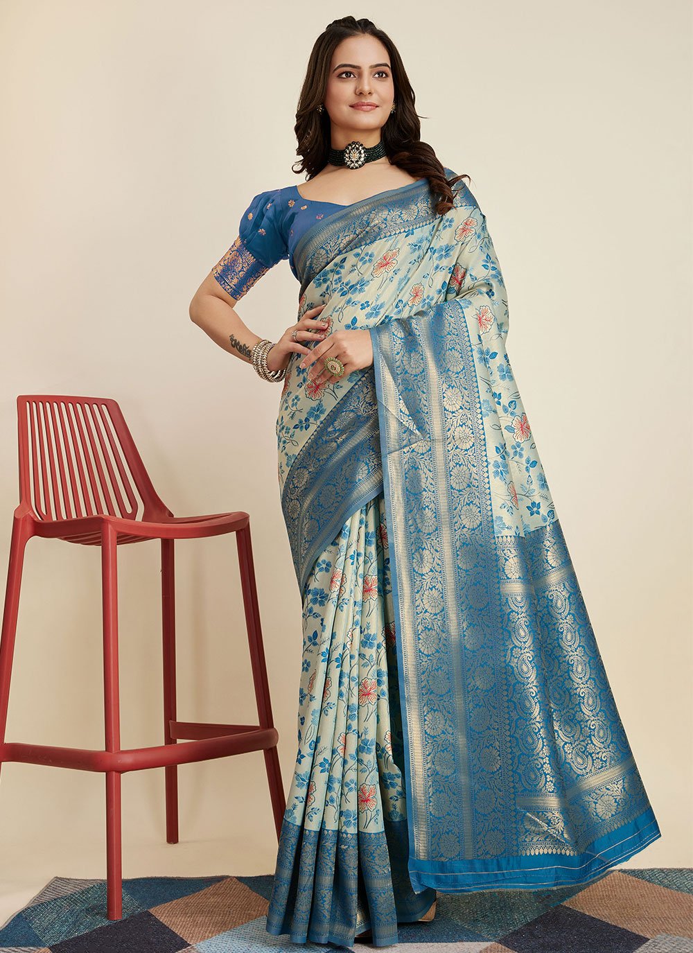 Teal Blue Floral Woven Kanjivaram Silk Saree