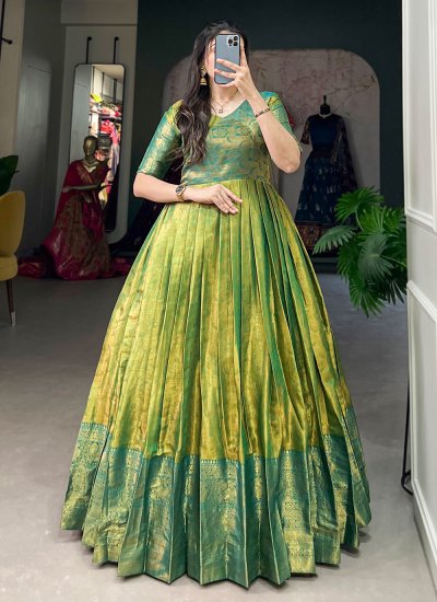 Kanjivaram Silk Weaving Green Readymade Gown