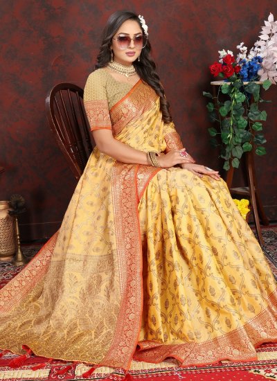 Katan Silk Weaving Yellow Classic Saree