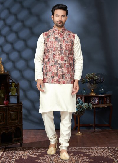 Kurta Payjama With Jacket Thread Work Silk in Multi Colour and Off White