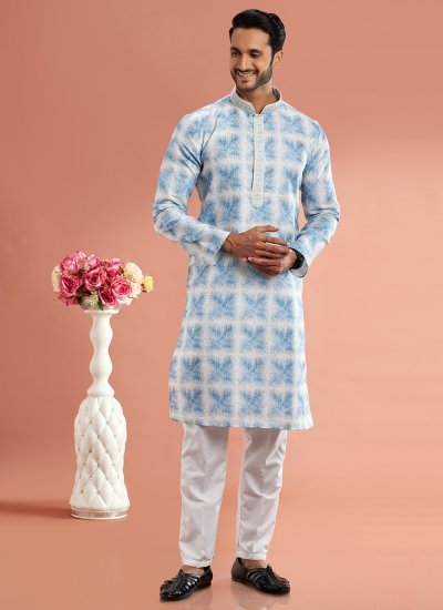 Kurta Pyjama Digital Print Cotton in Blue