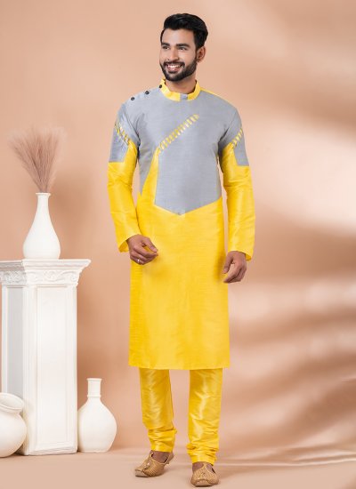 Kurta Pyjama Fancy Banarasi Silk in Grey and Yellow