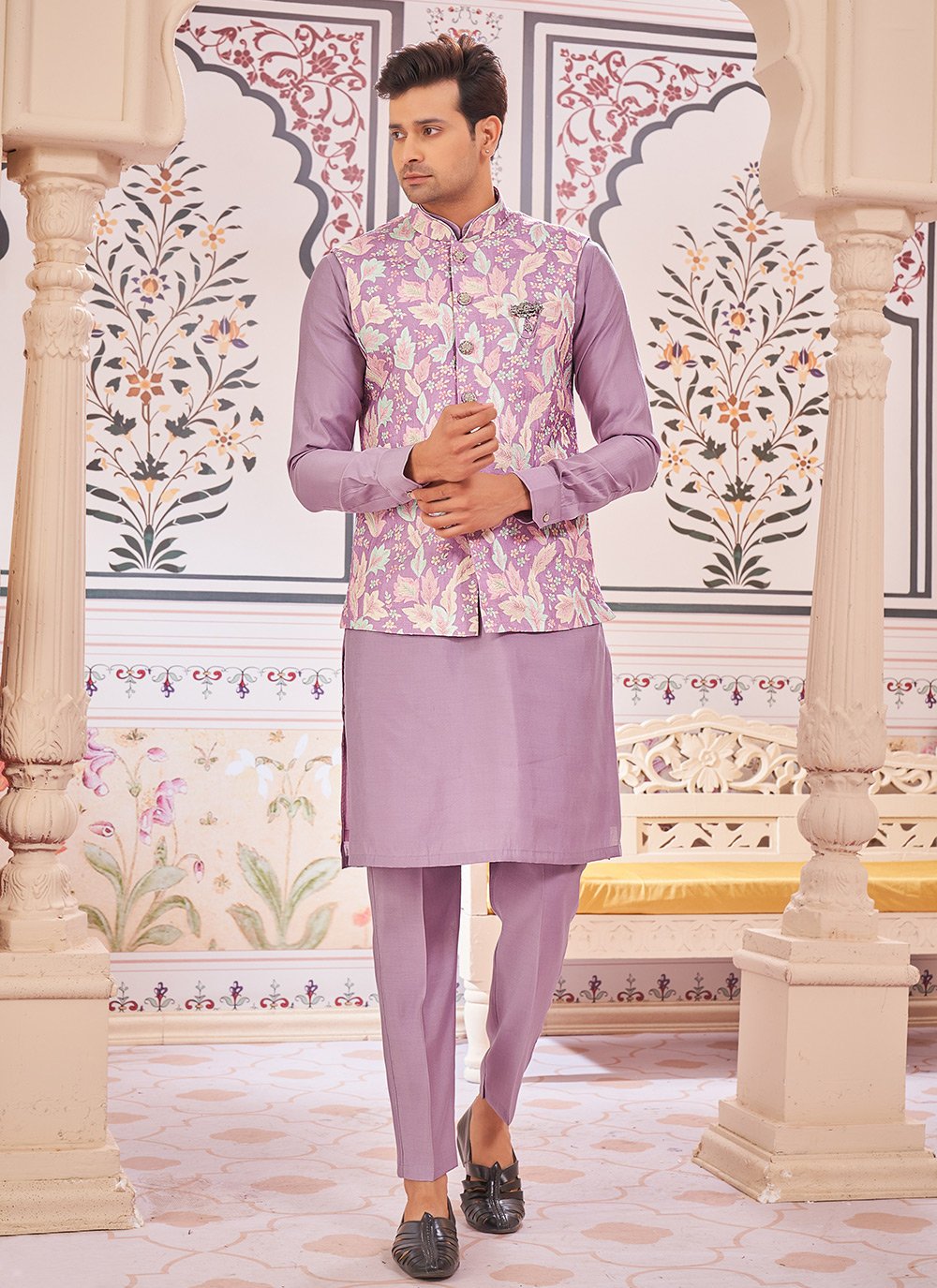 Lavender and Multi Colour Print Art Silk Kurta Payjama With Jacket