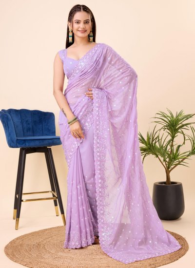 Enticing Purple Color Art Silk Fabric Party Style Saree