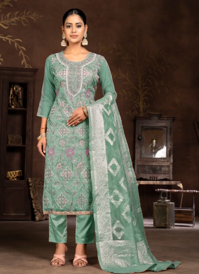 Lavish Embroidered Organza Green Pant Style Suit