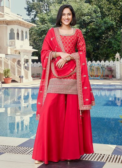 Lavish Embroidered Red Silk Designer Salwar Kameez