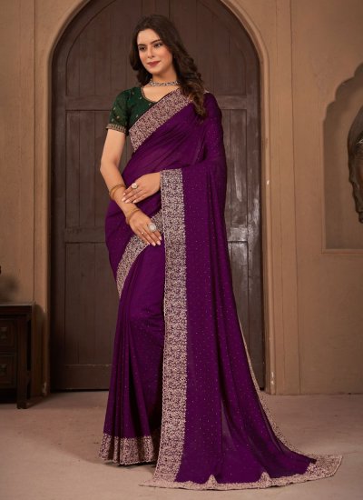 Lavish Vichitra Silk Border Purple Designer Saree