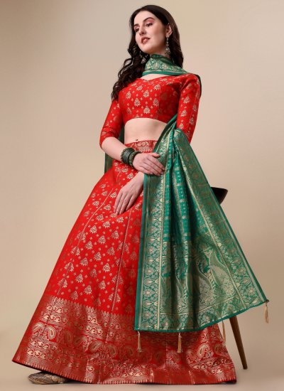 Lehenga Choli Weaving Banarasi Jacquard in Green and Red