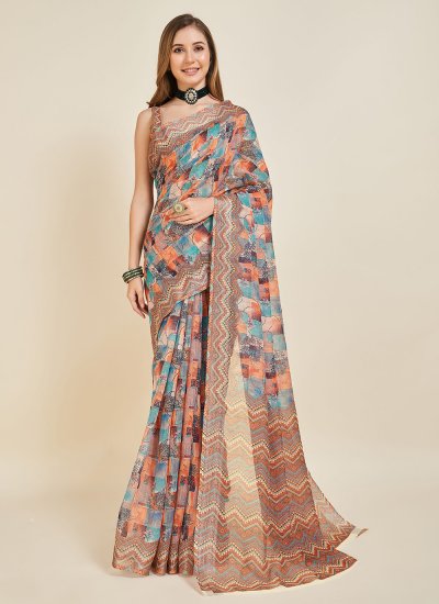 Linen Printed Casual Saree in Multi Colour