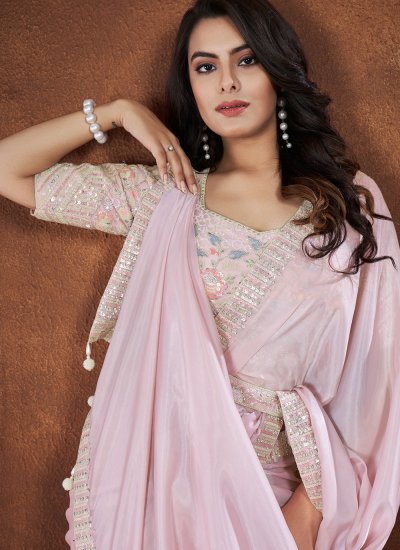 Lively Pink Stone Work Contemporary Style Saree