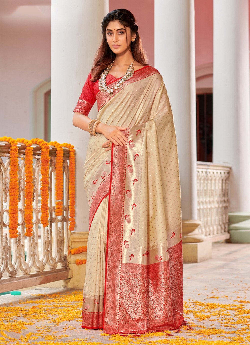 Traditional Banarasi silk sari - Cream | Wedding Sarees from Chiro's By  Jigyasa | Chiro's By Jigyasa