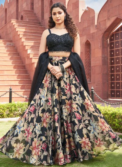 Black color floral printed shops lehenga with banglori silk blouse and organza dupatta for women/ designer lehenga / indian lehenga /chaniya choli