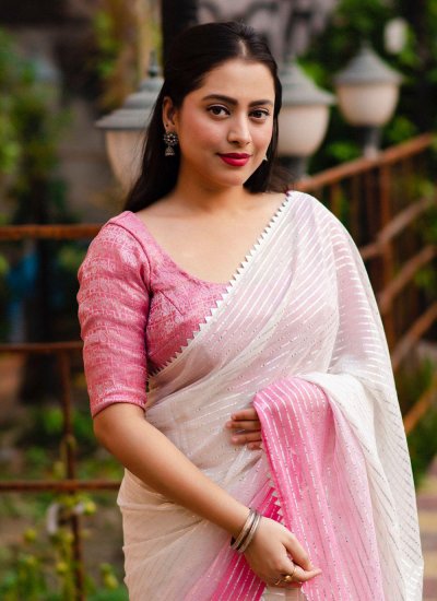 Magnetic Chiffon Off White and Pink Trendy Saree