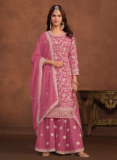Magnetize Pink Embroidered Faux Georgette Palazzo Salwar Kameez