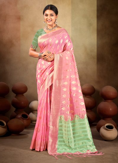 Magnetize Pink Weaving Linen Designer Traditional Saree