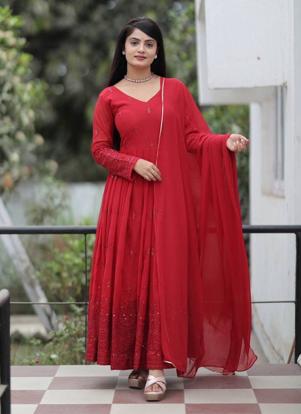 fitted lace wedding dress Red Faux Georgette Plain Gown With Dupatta L-40