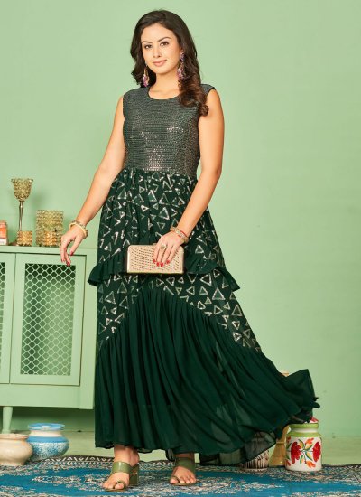 Majesty Sequins Georgette Green Readymade Gown