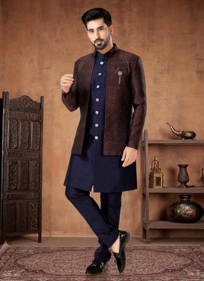 Maroon and Navy Blue Embroidered Indo Western