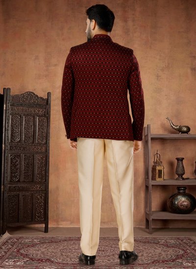Maroon Engagement Jacquard Jodhpuri Suit