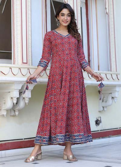 Maroon Viscose Printed Readymade Gown