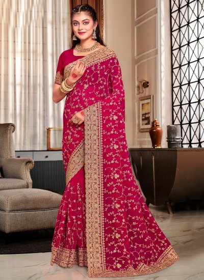 Marvelous Georgette Pink Embroidered Contemporary Saree
