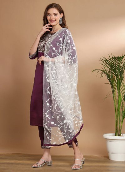 Masterly Embroidered Wine Silk Blend Readymade Salwar Suit