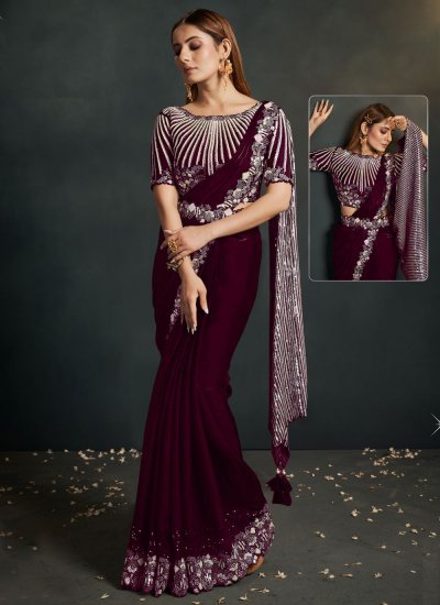 Miraculous Embroidered Wine Contemporary Saree