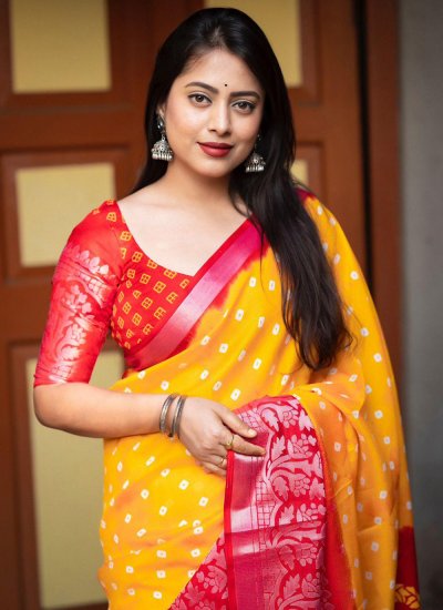 Miraculous Red and Yellow Printed Jute Silk Contemporary Saree