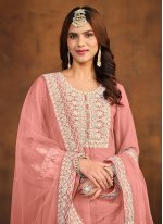 Mod Embroidered Faux Georgette Peach Palazzo Salwar Kameez