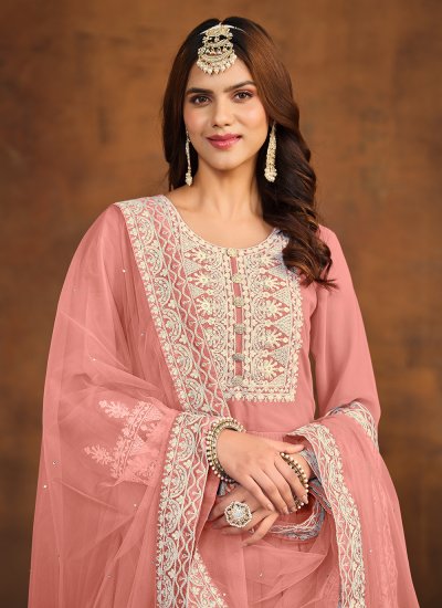 
                            Mod Embroidered Faux Georgette Peach Palazzo Salwar Kameez