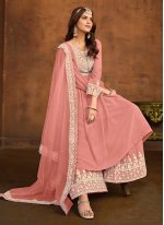 Mod Embroidered Faux Georgette Peach Palazzo Salwar Kameez