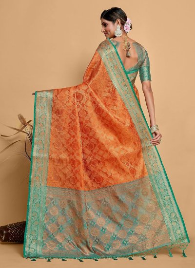 Mod Orange Kanjivaram Silk Designer Saree