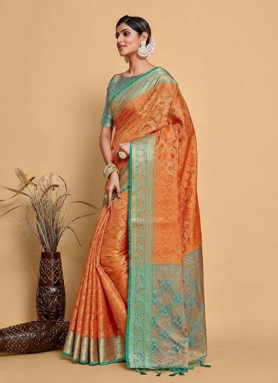 Mod Orange Kanjivaram Silk Designer Saree