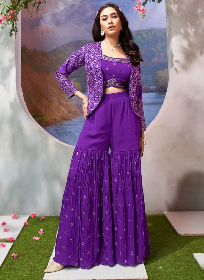 Modern Violet Embroidered Jacket Style Salwar Suit