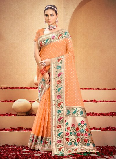 Utsav wear saree shop, Peach with mehndi chiffon cheap asian sarees, Boat  neck blouse