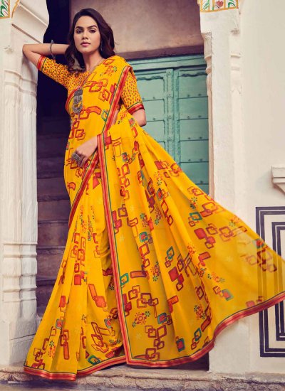 Modest Printed Yellow Designer Saree