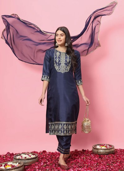 Modish Embroidered Navy Blue Silk Blend Trendy Salwar Suit
