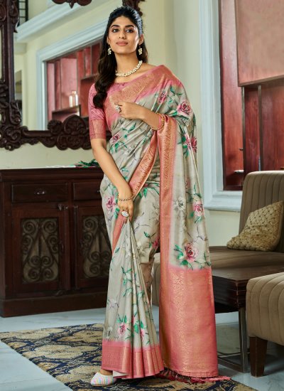 Monumental Grey Floral Print Handloom silk Trendy Saree