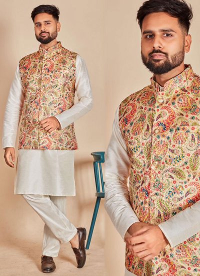 Multi Colour and Off White Plain Sangeet Kurta Payjama With Jacket