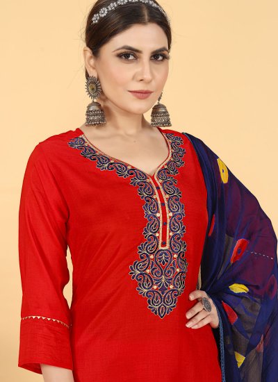 Muslin Embroidered Red Trendy Salwar Kameez