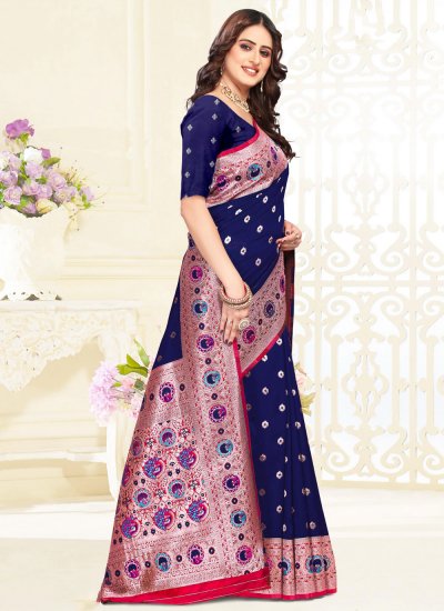 Mystic Navy Blue Banarasi Silk Classic Designer Saree