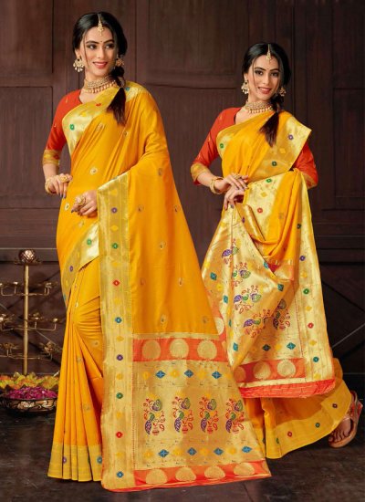 Mystic Silk Woven Yellow Trendy Saree