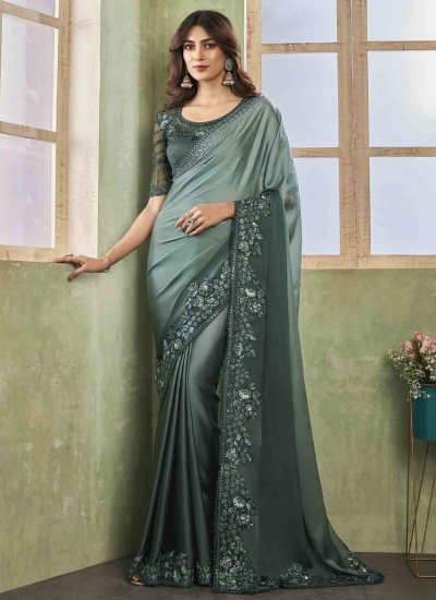 Mystical Embroidered Green Satin Silk Trendy Saree